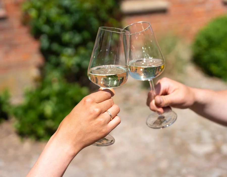 Zwei Hände stoßen mit Weingläsern mit weißem Wein an, unscharfer Hintergrund mit Backsteinmauer und Grünpflanzen.