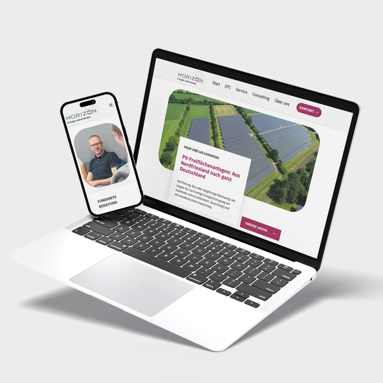 Mockup von Laptop und Smartphone zeigt die Website der Firma HORIZON auf hellem Hintergrund.