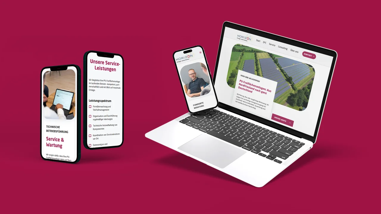 Mockups von Laptop und Smartphones zeigen die responsive Website der Firma HORIZON auf magenta Farbgrund.