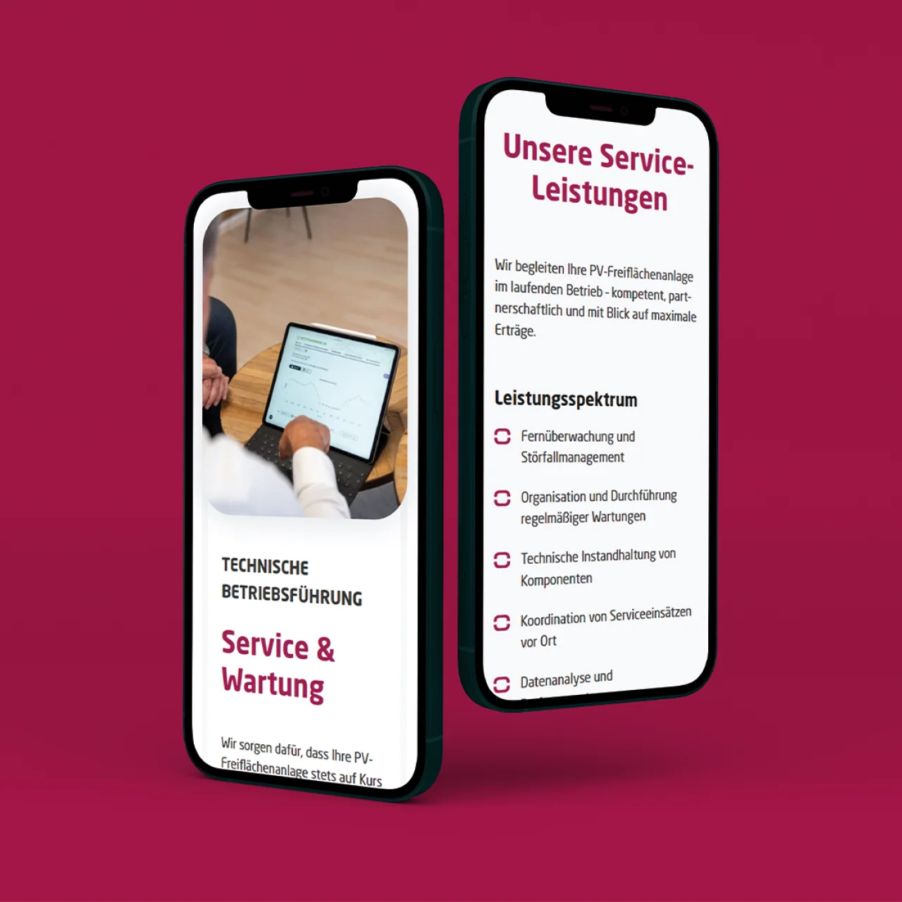 Zwei Smartphones zeigen Abschnitte der mobilen Website zu Service- und Wartungsleistungen auf magenta Hintergund.