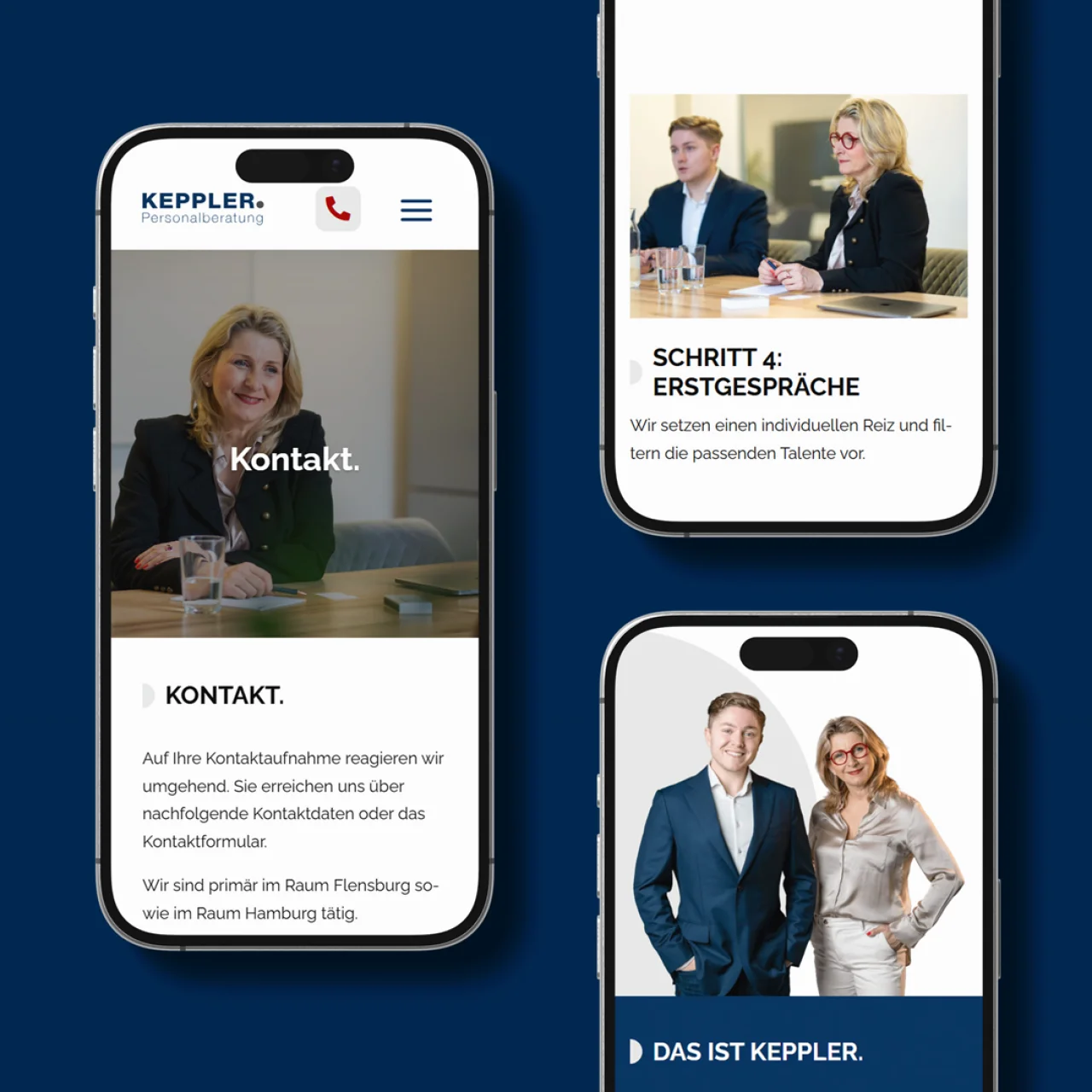 Drei Smartphones zeigen die Website der Personalberatung Keppler mit Fotos von Personen in Businesskleidung und Texten zu Kontakt und Erstgesprächen.