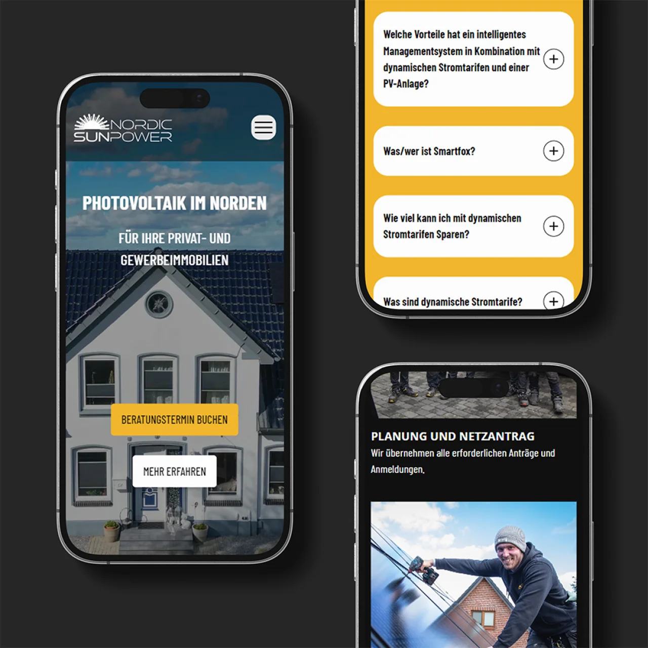 Drei Smartphone-Mockups zeigen eine Website zu Photovoltaik mit Texten zu Beratungsterminen, dynamischen Stromtarifen und Netzplanung