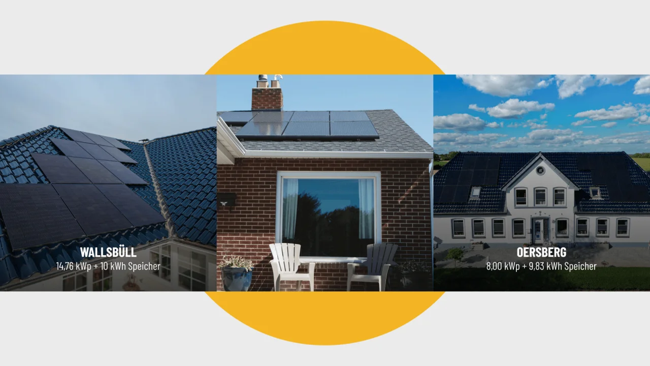 Drei Häuser mit auf den Dächern montierten Solarpaneelen und jeweils sichtbaren Texten zu Leistung und Speicherkapazität