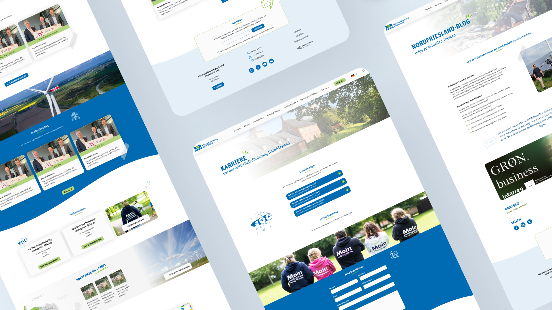 Mockup verschiedener Unterseiten der Website der Wirtschaftsförderung Nordfriesland in schräger Ansicht.