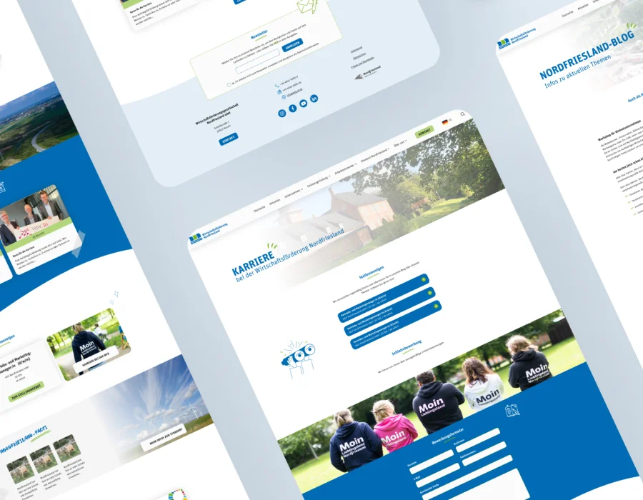 Mockup verschiedener Unterseiten der Website der Wirtschaftsförderung Nordfriesland in schräger Ansicht.