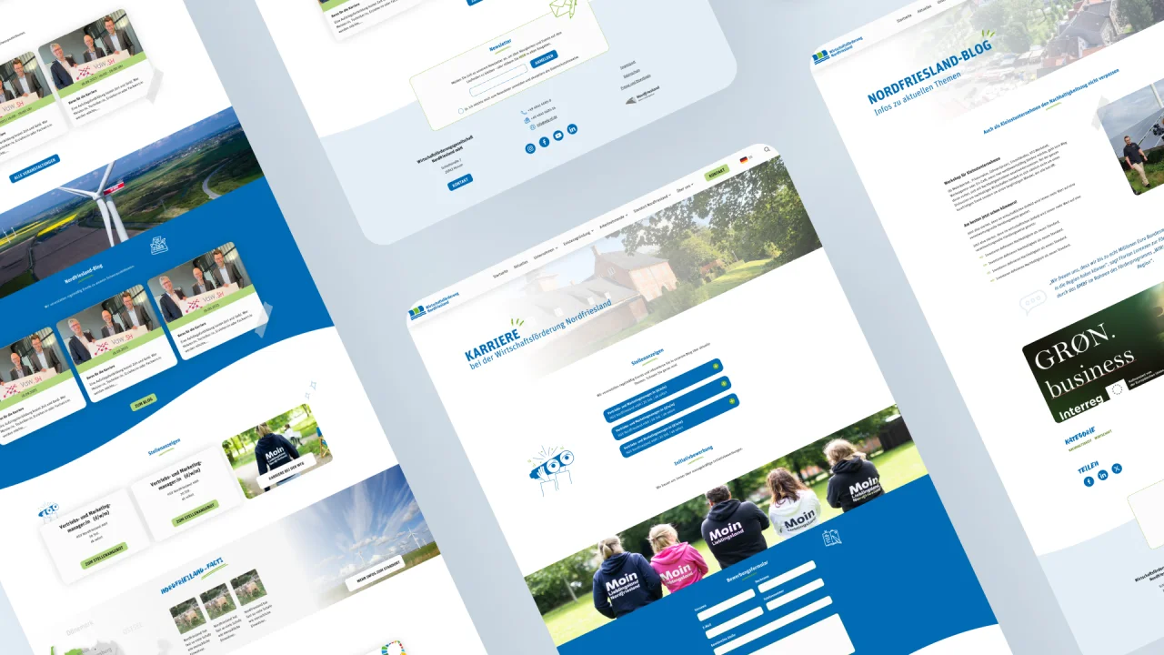 Mockup verschiedener Unterseiten der Website der Wirtschaftsförderung Nordfriesland in schräger Ansicht.
