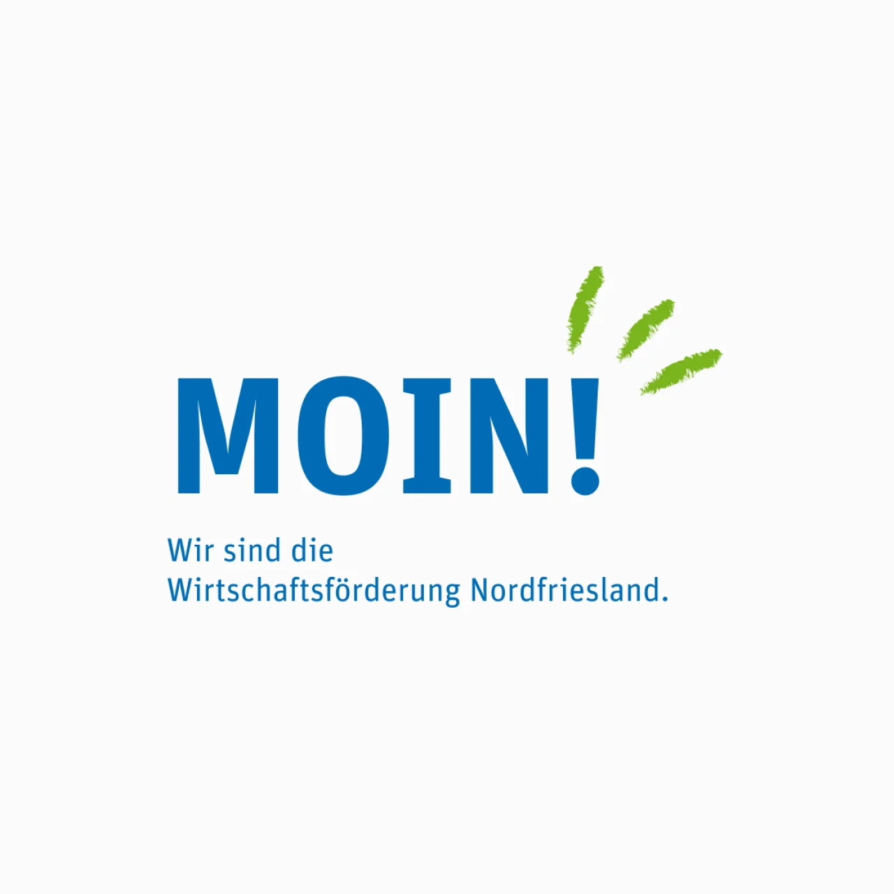 Schriftzug „MOIN! Wir sind die Wirtschaftsförderung Nordfriesland.“ auf weißem Hintergrund mit grünen Akzenten.