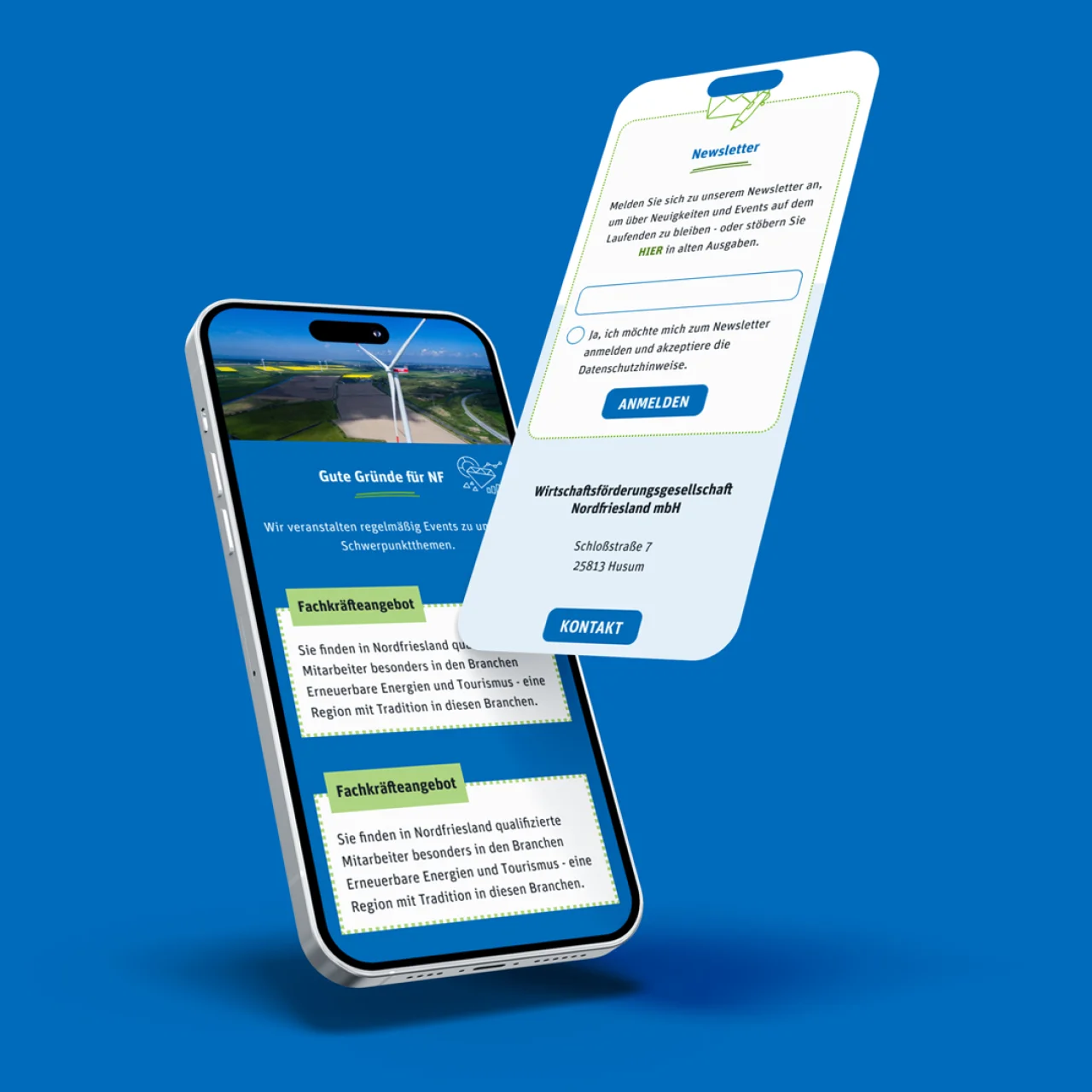 Smartphone-Mockup zeigt die mobile Website der Wirtschaftsförderung Nordfriesland mit Newsletter-Formular.