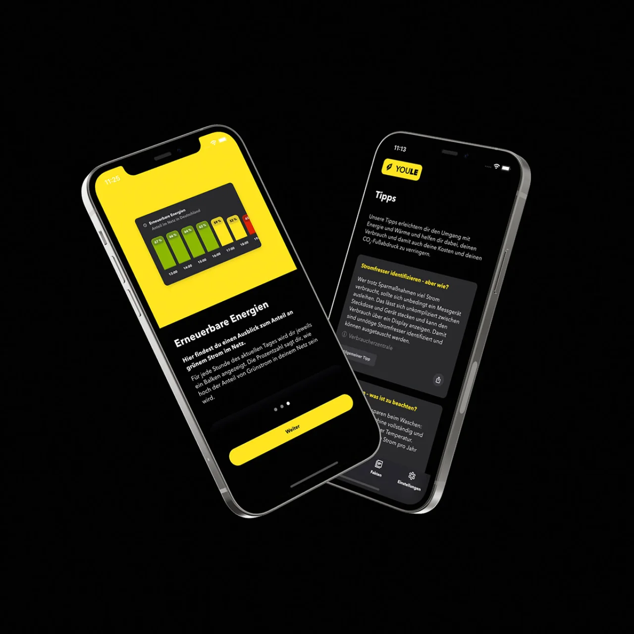 Zwei Smartphones mit der geöffneten YOULE-App, auf einem Bildschirm eine Infografik mit Balkendiagramm und auf dem anderen Tipps in Textform.