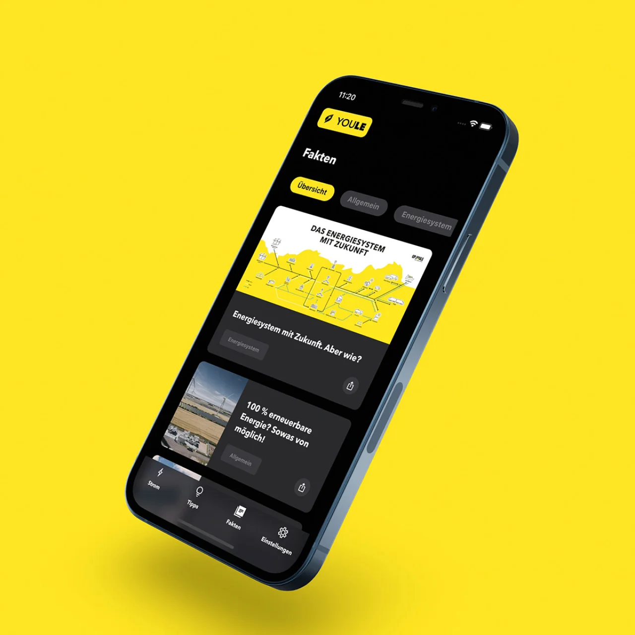 Smartphone mit gelbem Hintergrund und App-Oberfläche zu Energiesystemen der Zukunft.