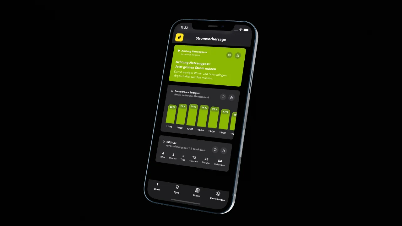 Smartphone mit geöffneter App, die eine grüne Infografik mit Balkendiagramm und mehreren Textfeldern zeigt.